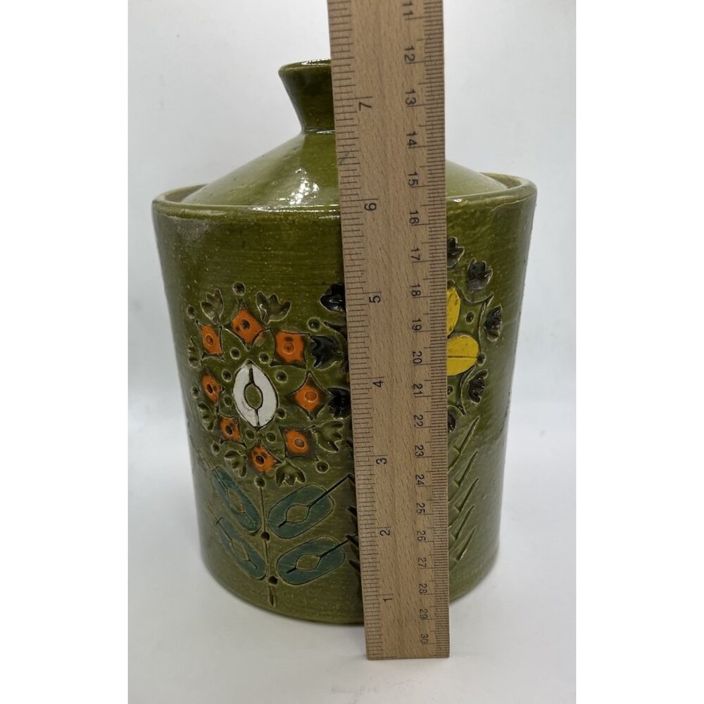Italian Pottery Cookie Jar with Embossed Flowers by Bitossi, Green 1950s Ceramic - Picture 11 of 15